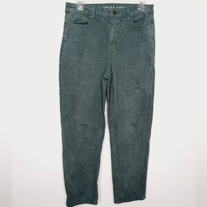 American Eagle Mom Jeans Size 8 Stretch Green Corduroy Pants Distressed 90's